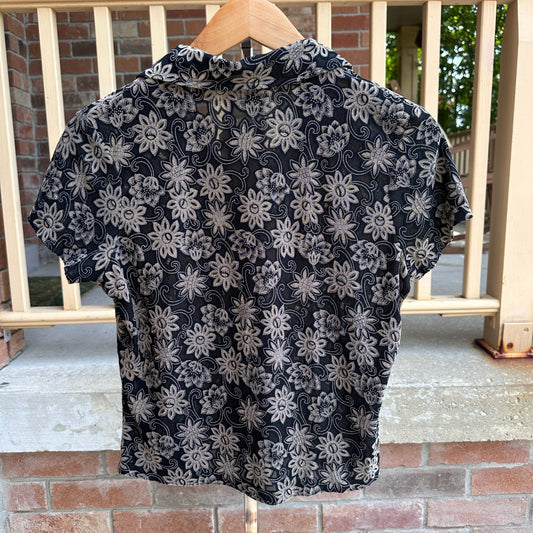 Evidence Black Floral Print Short Sleeve Button Down, S