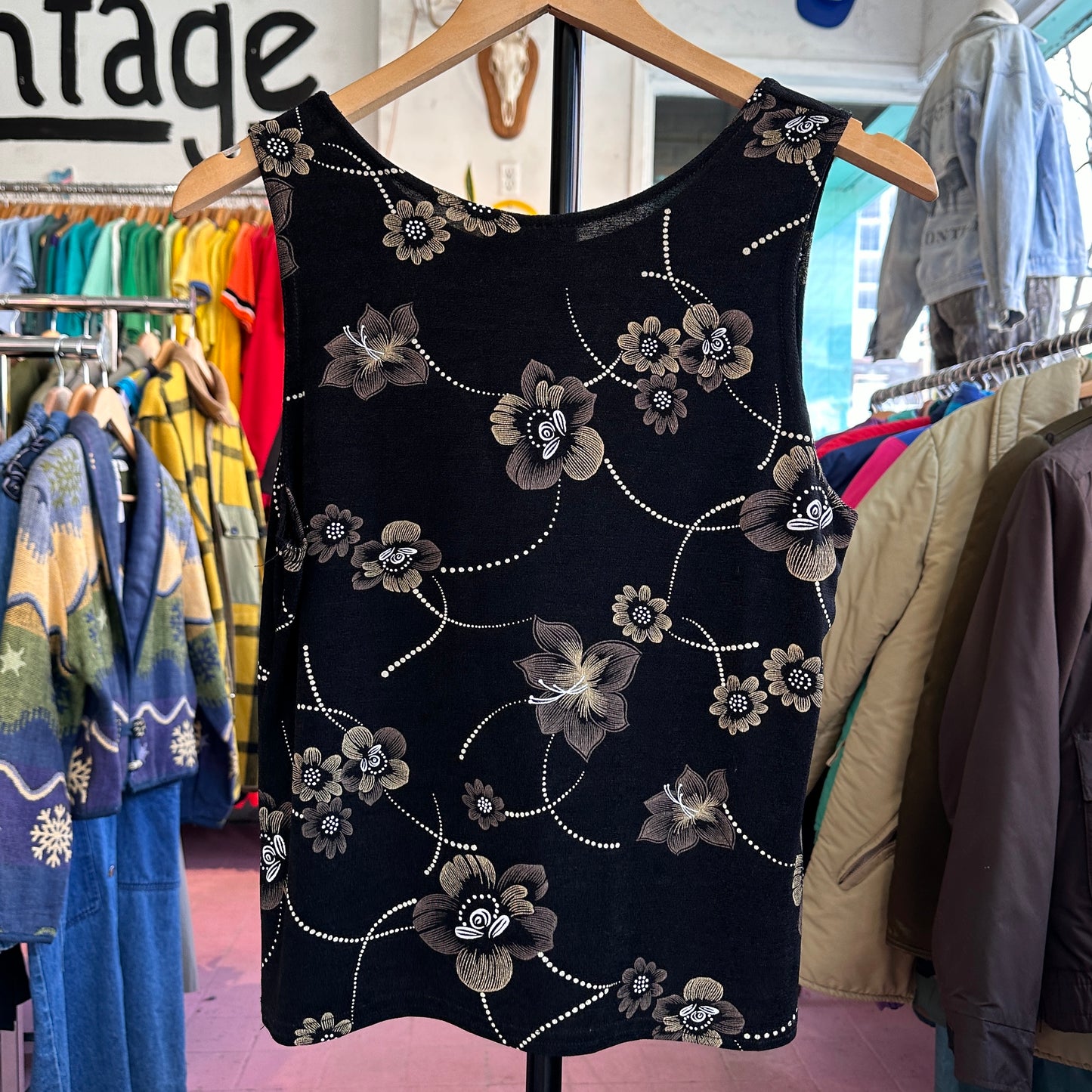 Black Floral Tank Top, S