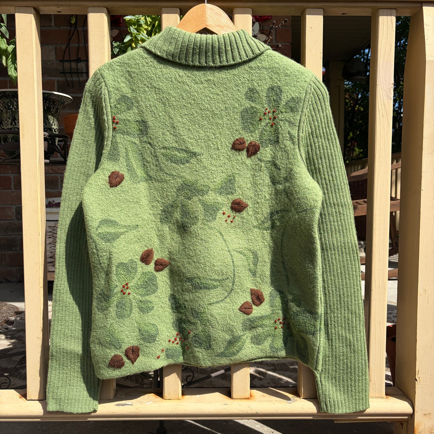 Green Wool Knit Zip Up Sweater, S