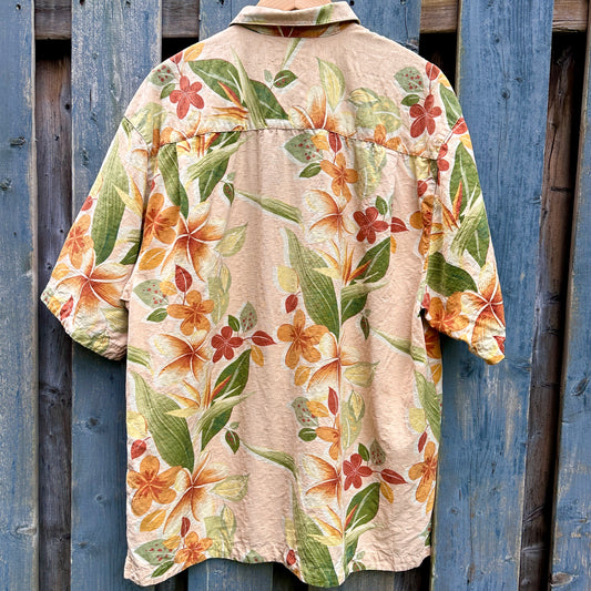 Jamaica Jaxx Silk Orange Floral Hawaiian Button Down, L