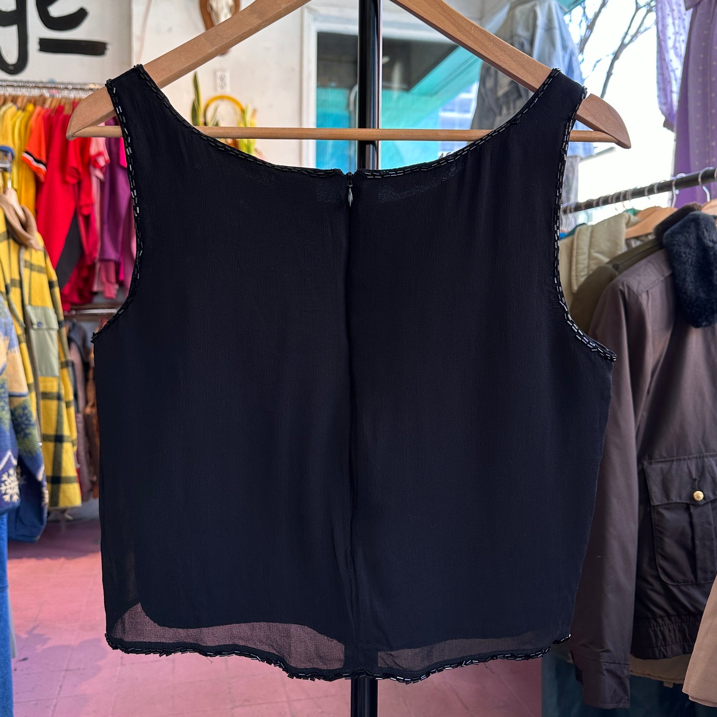 Black Beaded Cropped Tank Top, S