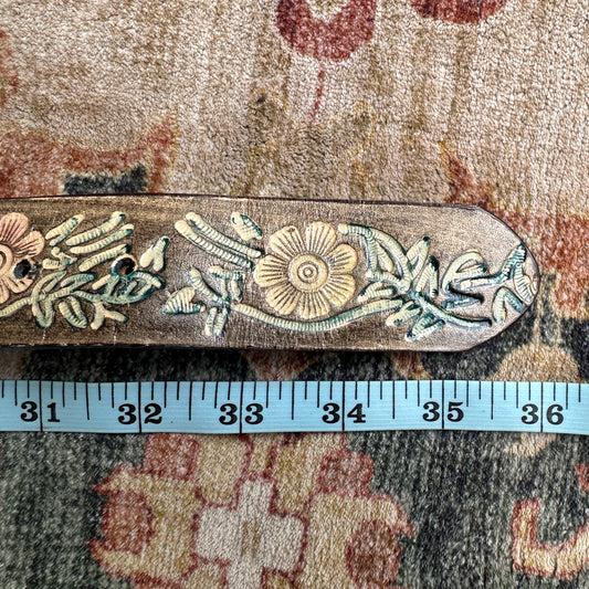 Brown Leather Stamped Floral Belt with Brass Buckle, 33"-36"