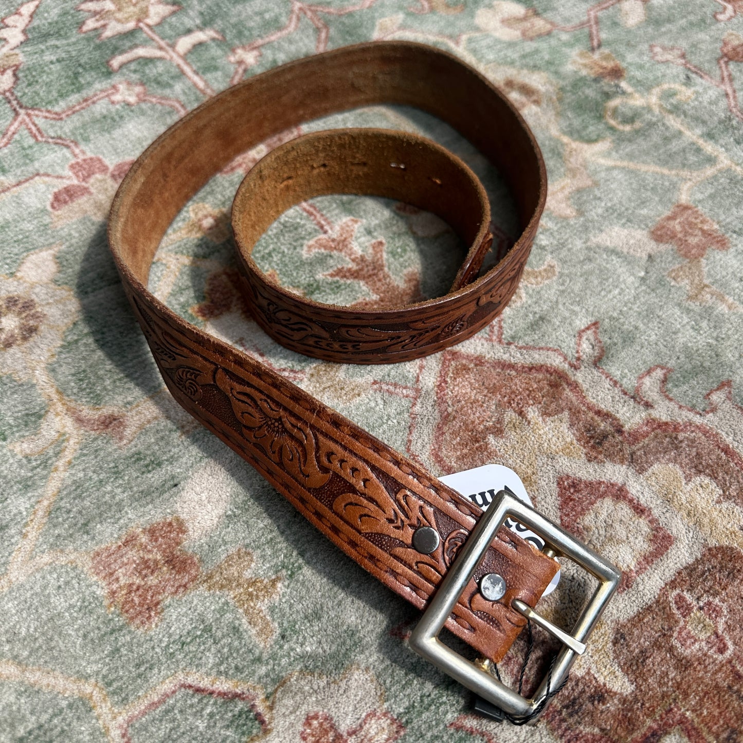 Cognac Leather Stamped Belt, 30"-33"