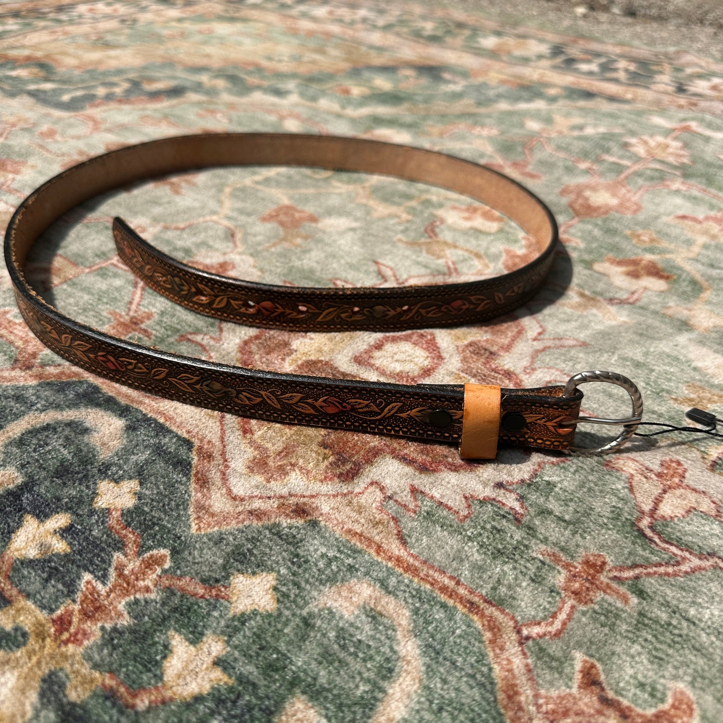 Brown Leather Stamped Full Grain Cow Hide Belt, 39"-41"