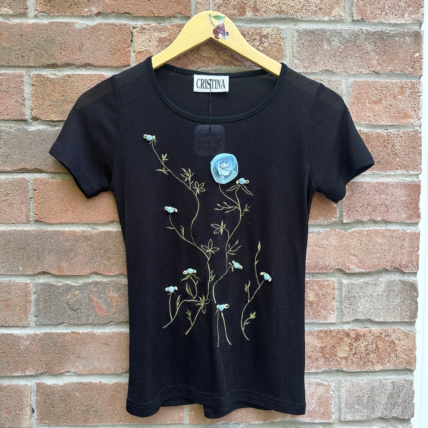 Black Mesh Floral Top, S