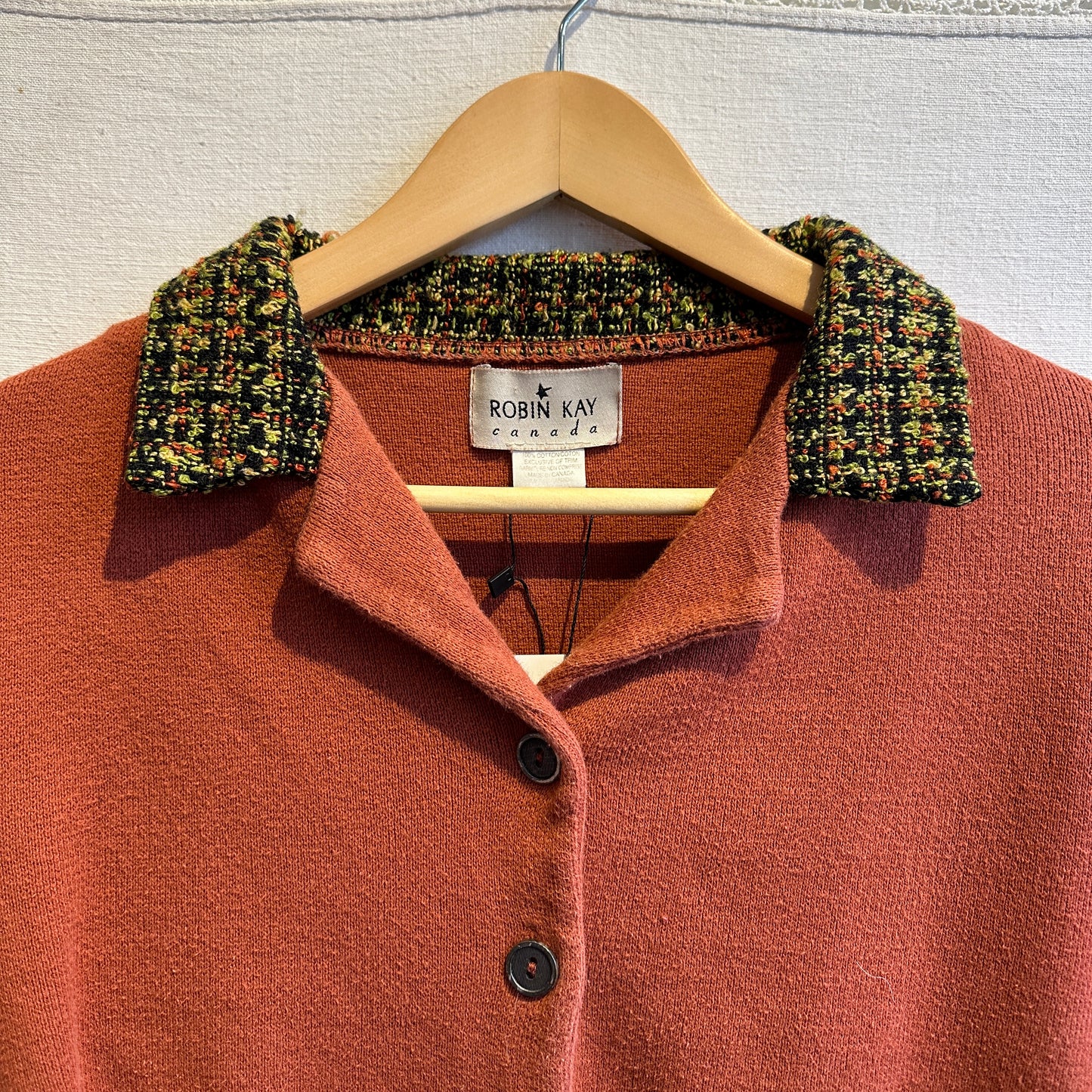 Robin Kay Cropped Copper Cardigan with Tweed Collar, S