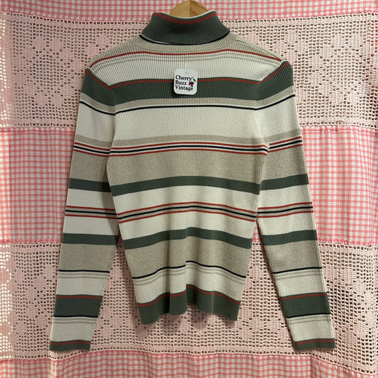 Northern Reflections Cream and Sage Ribbed Turtleneck, M