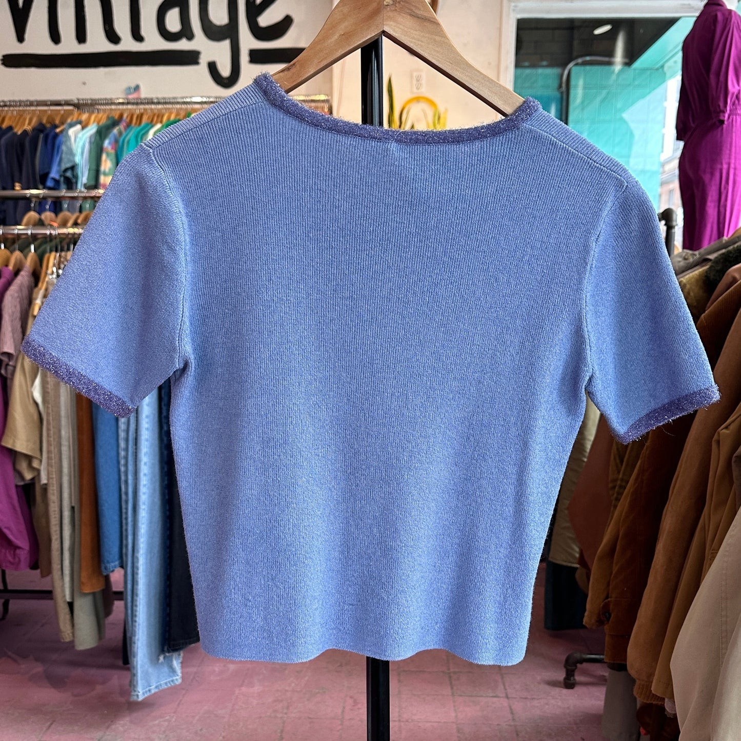Blue T-Shirt with Sparkly Cuff & Collar Detail, S