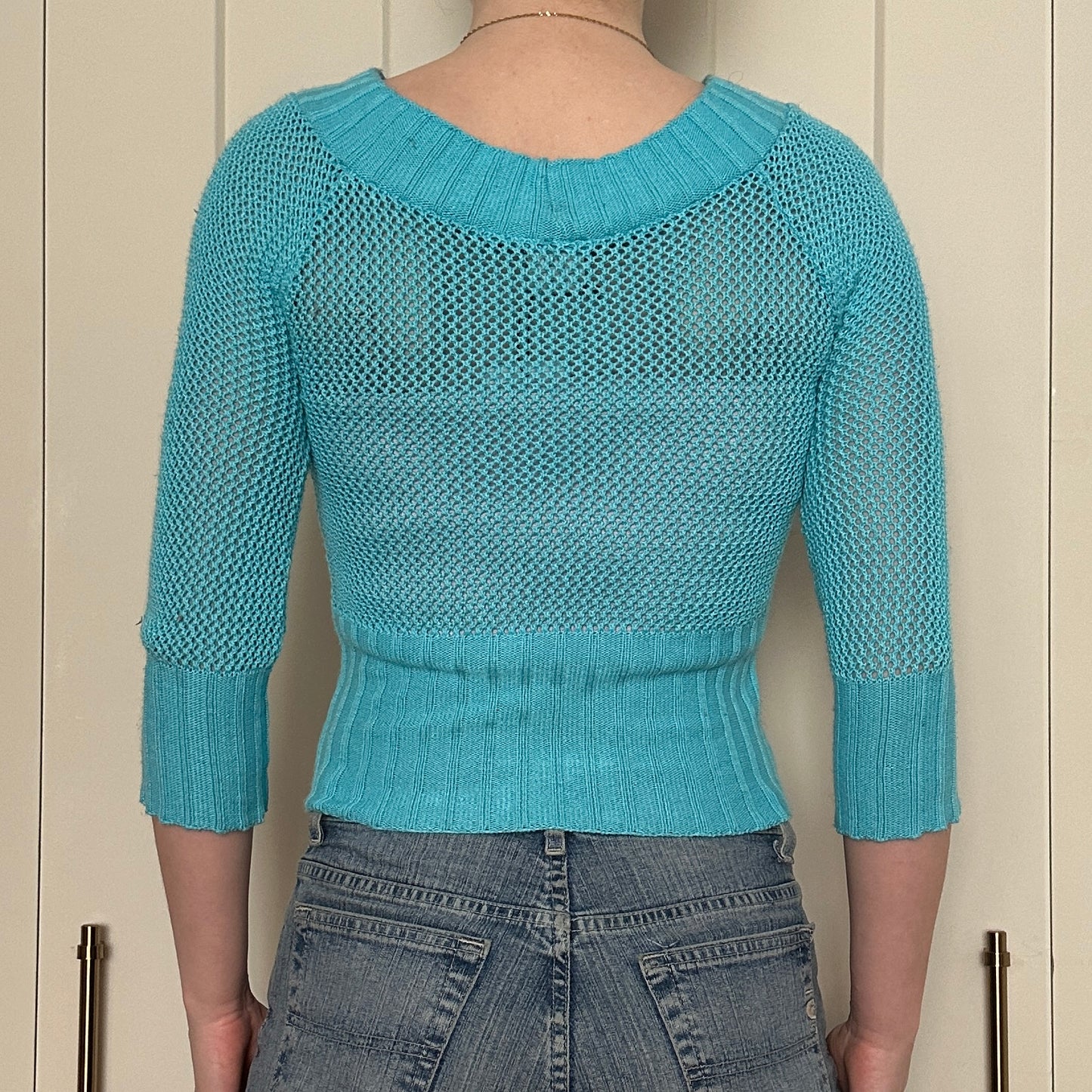 725 Original Blue Mesh 3/4 Sleeve Top, M