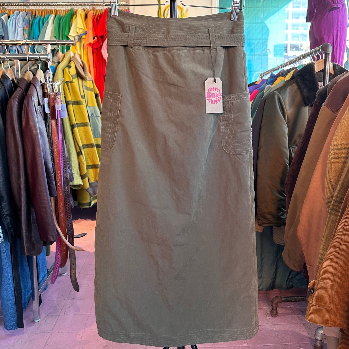 Green Cargo Snap Button Maxi Skirt, M