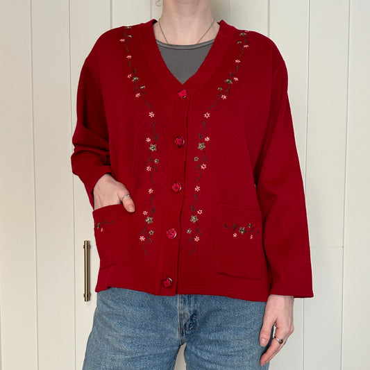 Dino Red Floral Embroidered Cardigan, XL