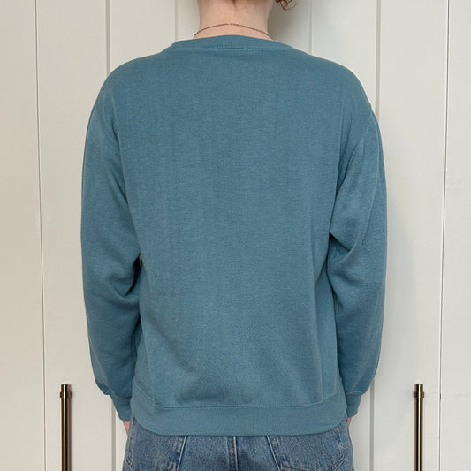 Blue Floral Embroidered Crew Neck, S