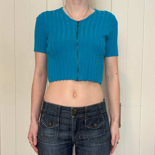 Onyx Blue Cropped Zip Up Short Sleeve, S