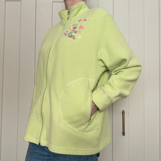 Green Fleece Zip Up with Flower Embroidery, XL