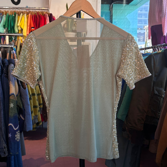 Green Beaded Sequin Shirt, S