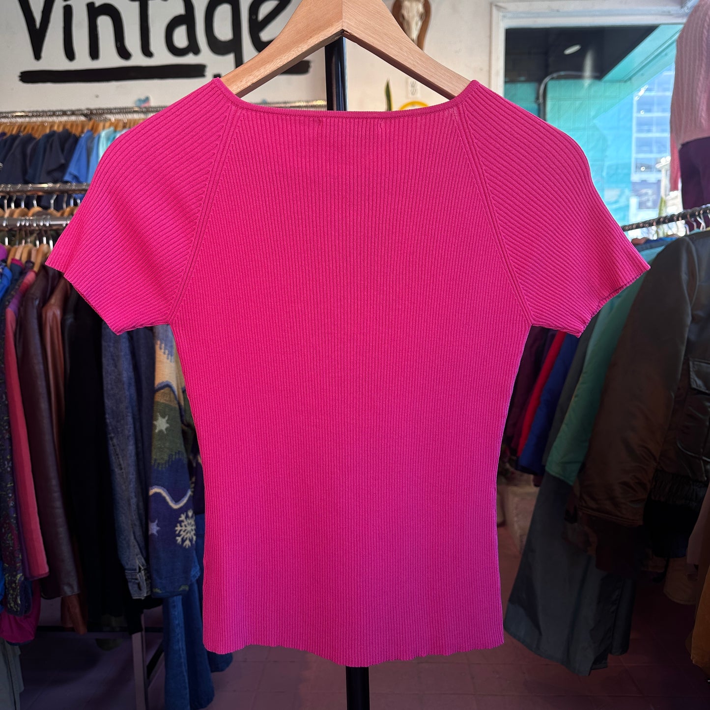 Ribbed Pink Top with Metal Detail, S