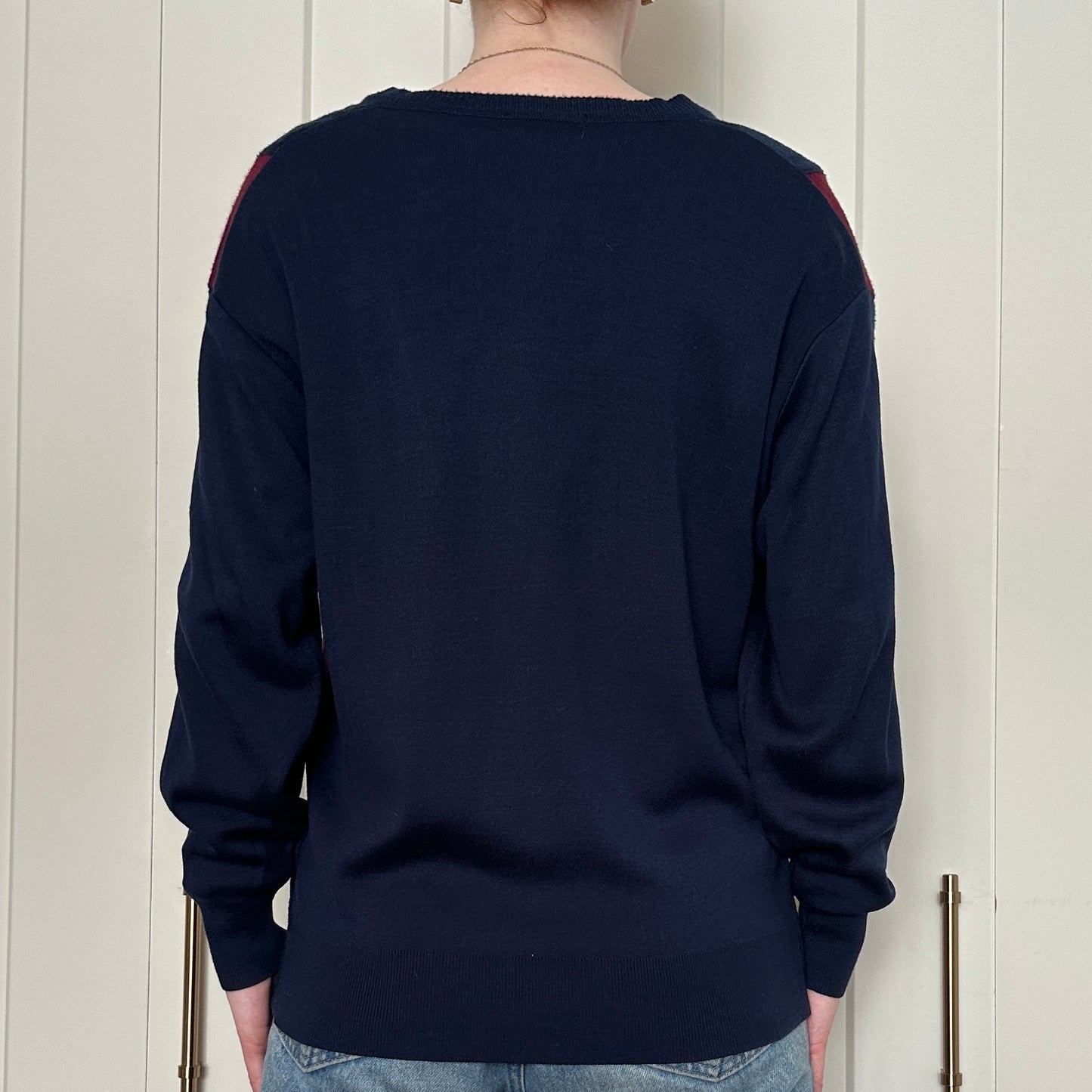 Navy Blue and Burgundy Wool Sweater, L