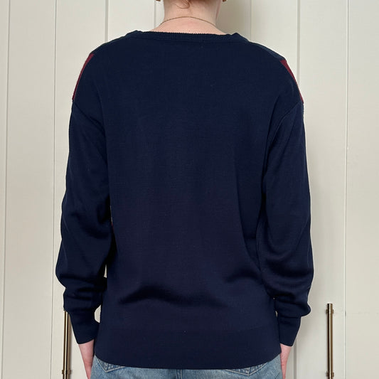 Navy Blue and Burgundy Wool Sweater, L