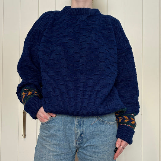 Hand Knit Blue Crewneck, M