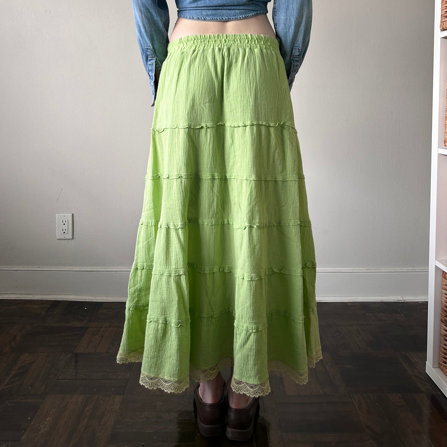 Green Boho Maxi Skirt, S