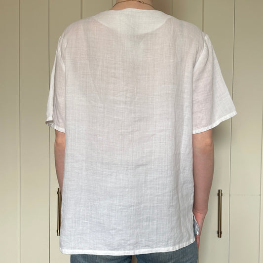 White Linen Embroidered Button Up, M