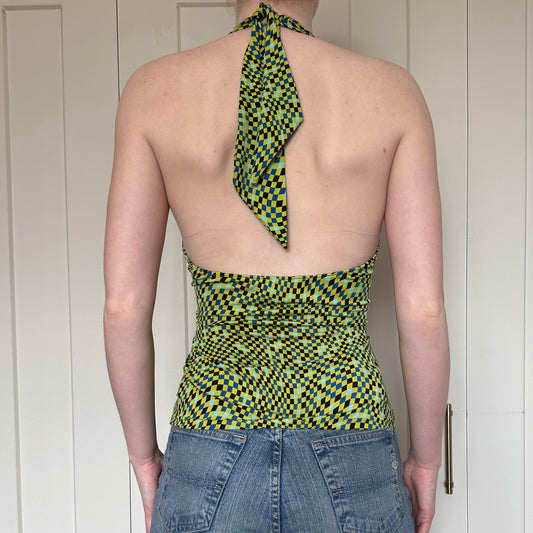 Long Paige New York Green Checkered Halter Top, S