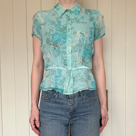 Worthington Teal Silk Short Sleeve Blouse, M