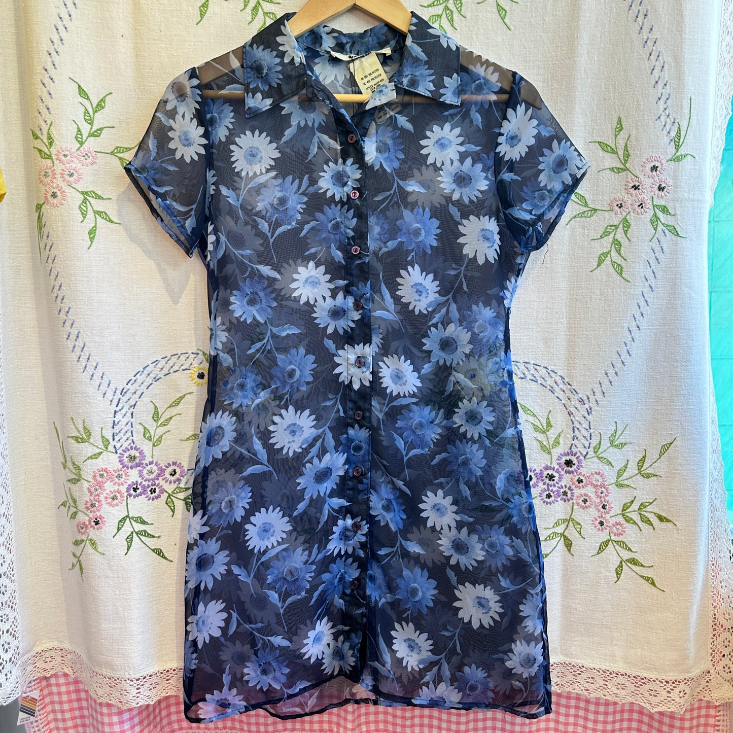 Blue Sheer Floral Button Up Dress, S