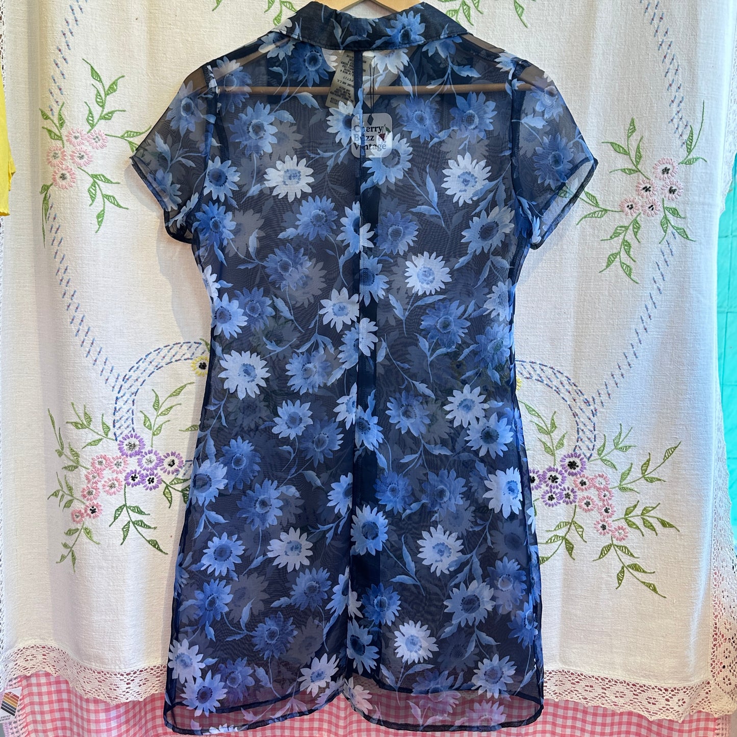 Blue Sheer Floral Button Up Dress, S