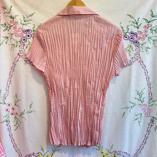 Jessica 90s Pink Eyelet Short Sleeve Button Up, L