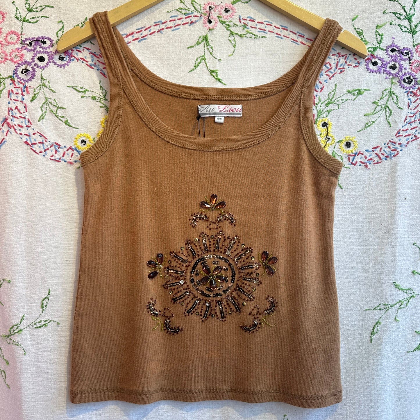 Brown Cotton Beaded Tank Top, M