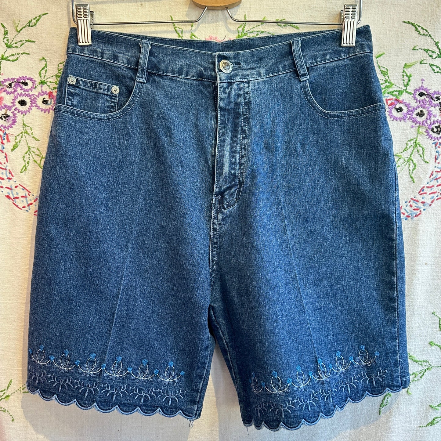 Blue Denim Bermuda Embroidered Scalloped Shorts, 29"