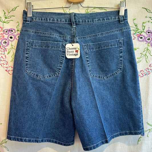 Blue Denim Bermuda Embroidered Scalloped Shorts, 29"