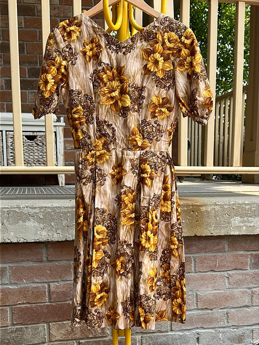 1950s Brown and Yellow Dress, S - Dress - Cherry Buzz