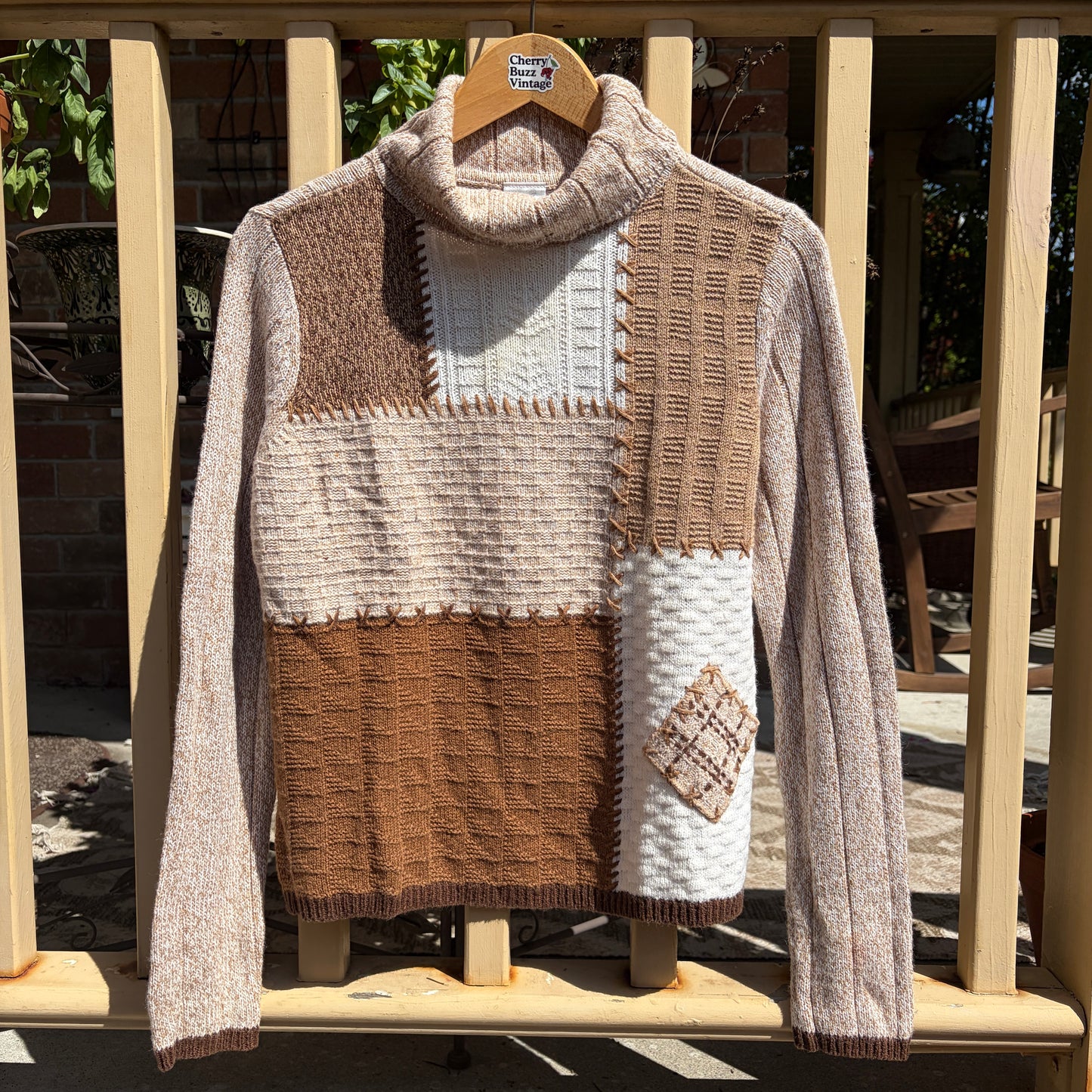 Patchwork Knit Turtle Neck Sweater, S