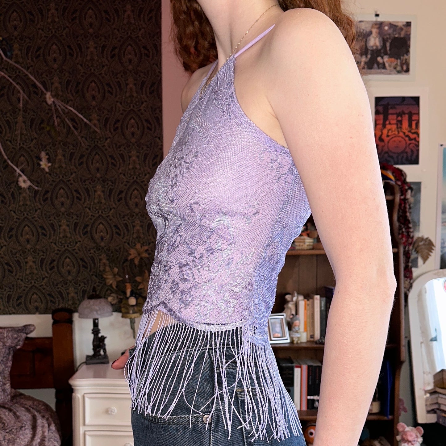 She's Purple Lace Halter Top with Fringe, M