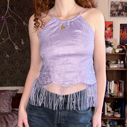 She's Purple Lace Halter Top with Fringe, M