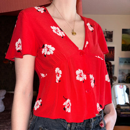 Red Floral Short Sleeve Blouse, S