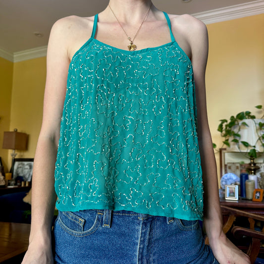 Beaded Teal Tank Top, L