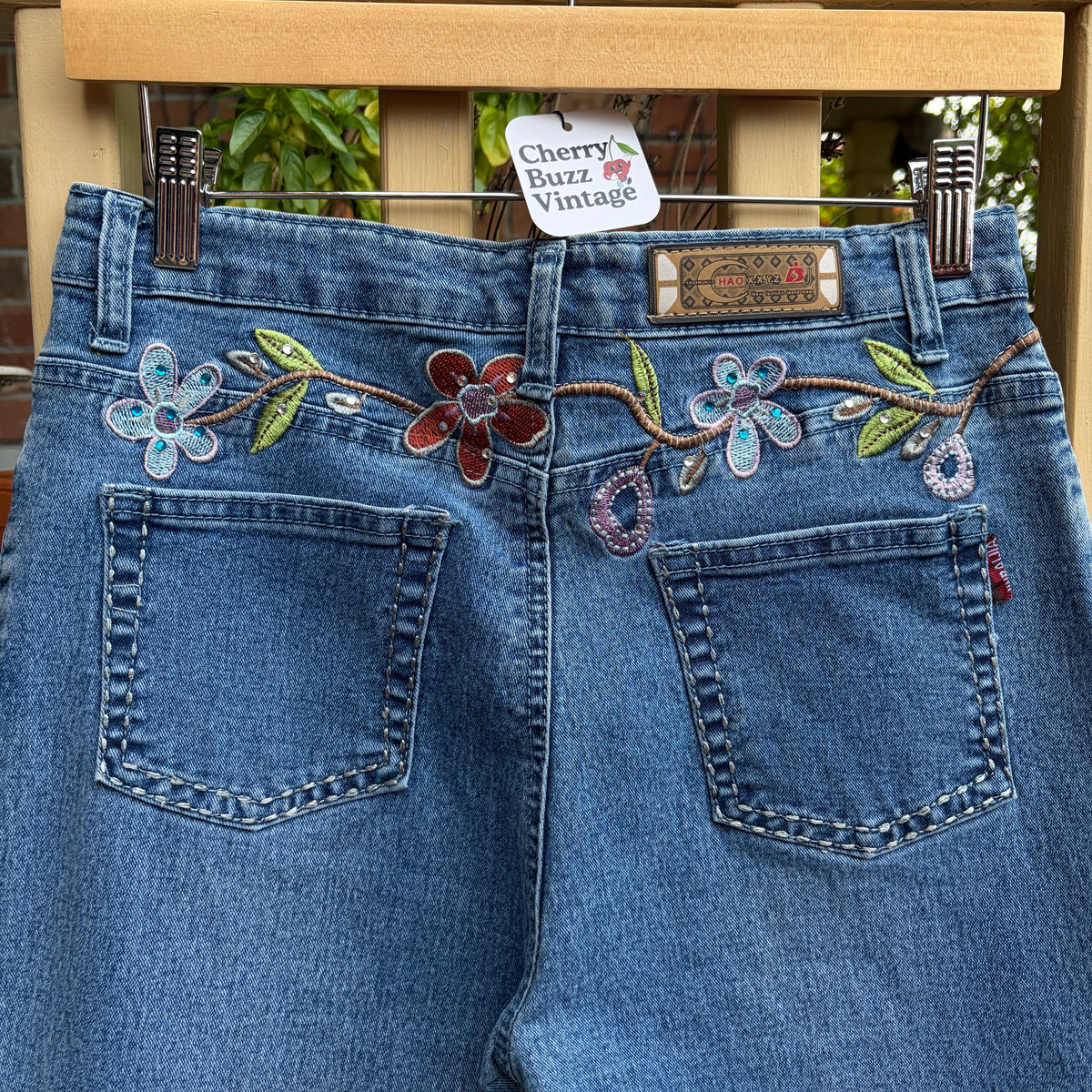 Denim Floral Embroidered Pants, S