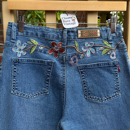 Denim Floral Embroidered Pants, S