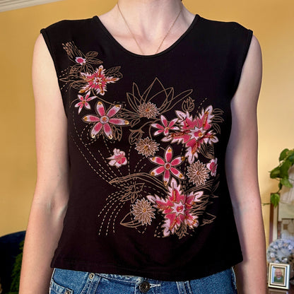 Paksi Black Shirt with Pink Flowers and Orange Bead Details, S