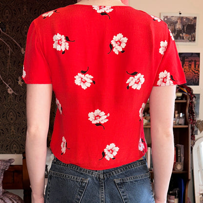 Red Floral Short Sleeve Blouse, S