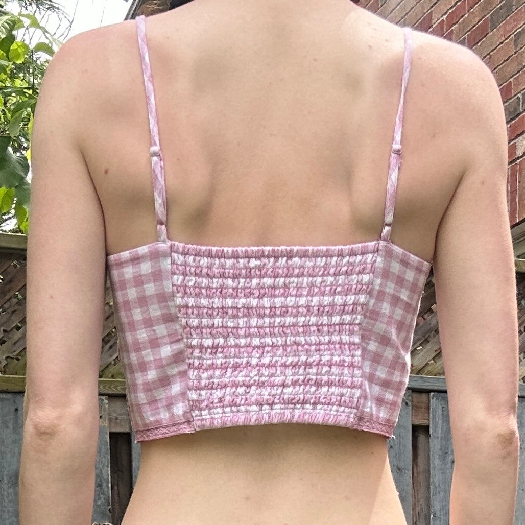 Pink Cotton and Linen Gingham Crop Top, S