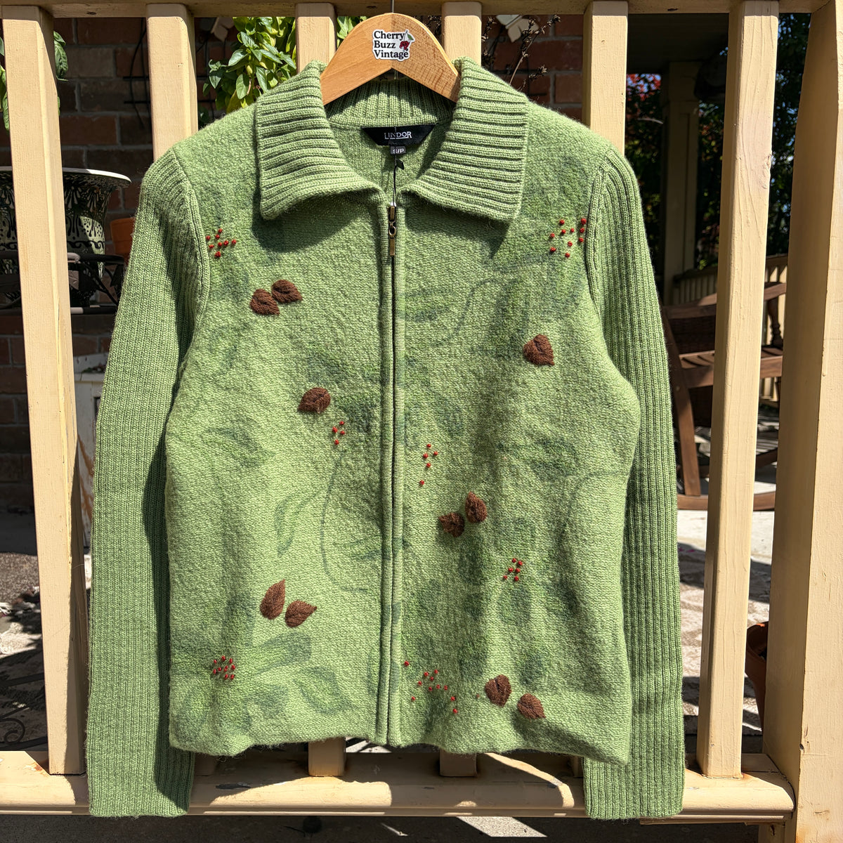Green Wool Knit Zip Up Sweater, S