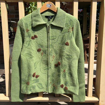 Green Wool Knit Zip Up Sweater, S