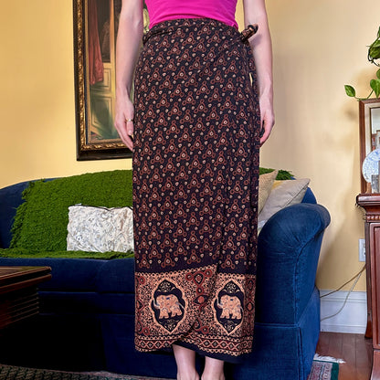 Black and Brown Bohemian Wrap Skirt with Elephants, M