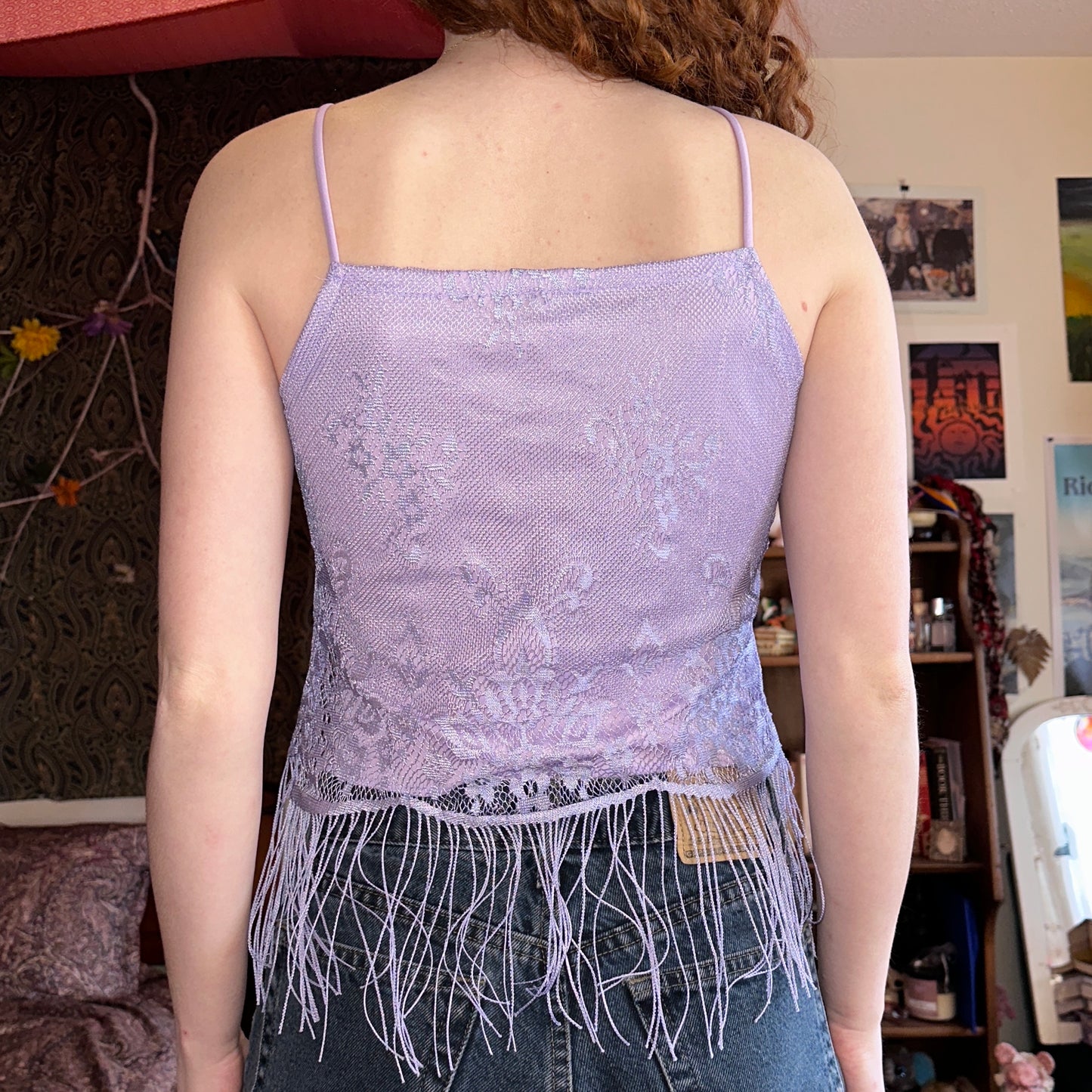 She's Purple Lace Halter Top with Fringe, M