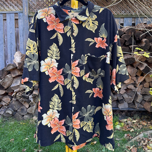 Jamaica Jaxx Floral Silk Button Down, L - Cherry Buzz