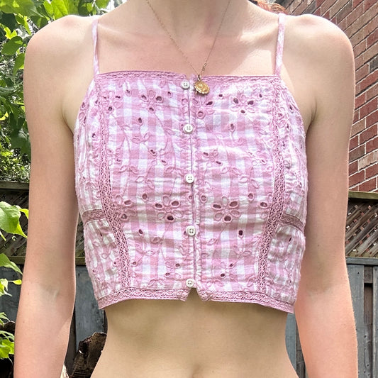 Pink Cotton and Linen Gingham Crop Top, S